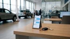A smartphone displaying a generic chat interface on a dealership desk with vehicle keys nearby