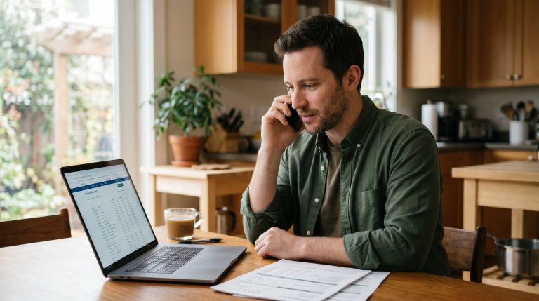 A car seller calling his lender to get a payoff amount while reviewing loan information on his laptop