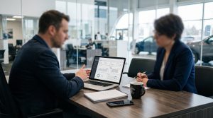 A dealership manager reviewing a software dashboard on a laptop across a desk from a vendor in a meeting
