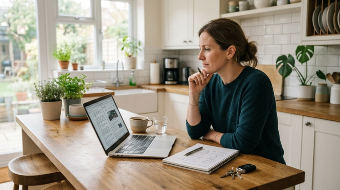Woman researching how to sell her car online on a laptop at a kitchen table with car keys nearby