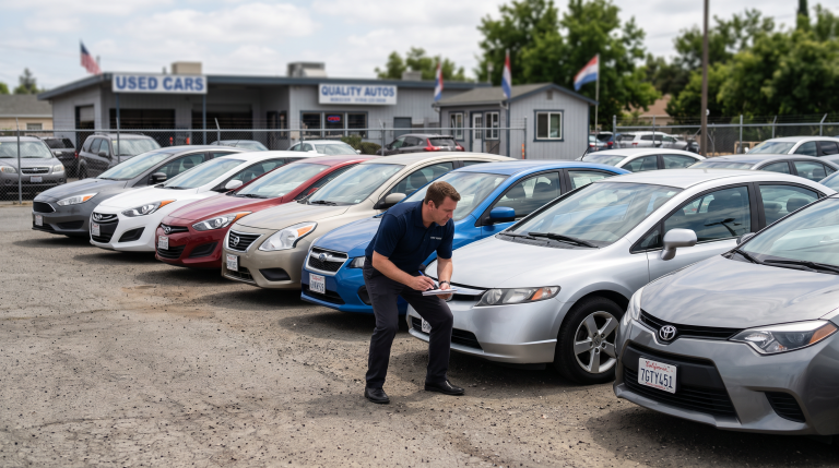 Dealer inspecting a row of affordable used sedans on a dealership lot