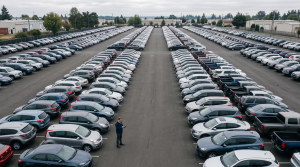 Aerial view of a large dealership used car lot with a dealer reviewing inventory on a tablet