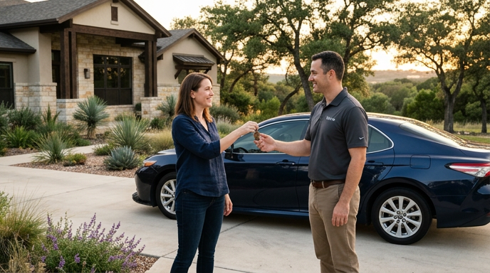 Clairvo representative collecting a car from a homeowner's driveway in Austin