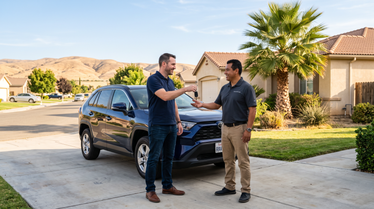 Clairvo representative collecting a car from a homeowner's driveway in Bakersfield