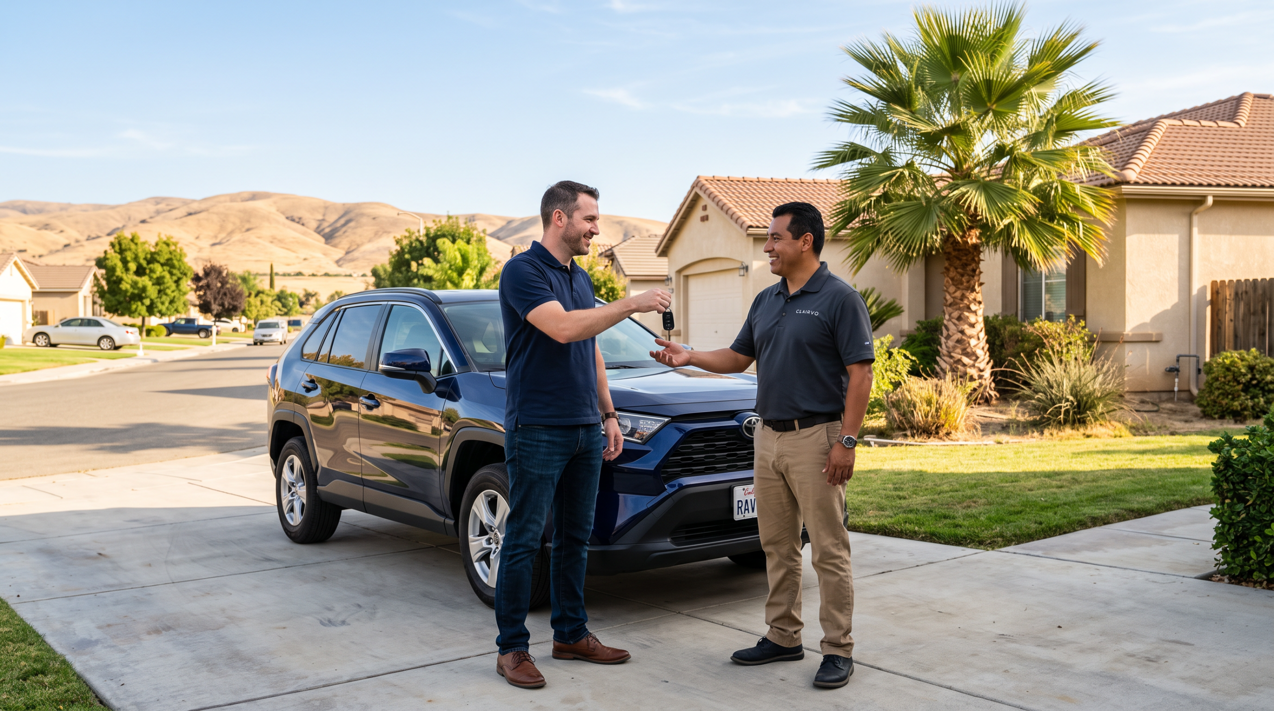 Clairvo representative collecting a car from a homeowner's driveway in Bakersfield