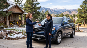 Clairvo representative collecting a car from a homeowner's driveway in Colorado with mountains in the background