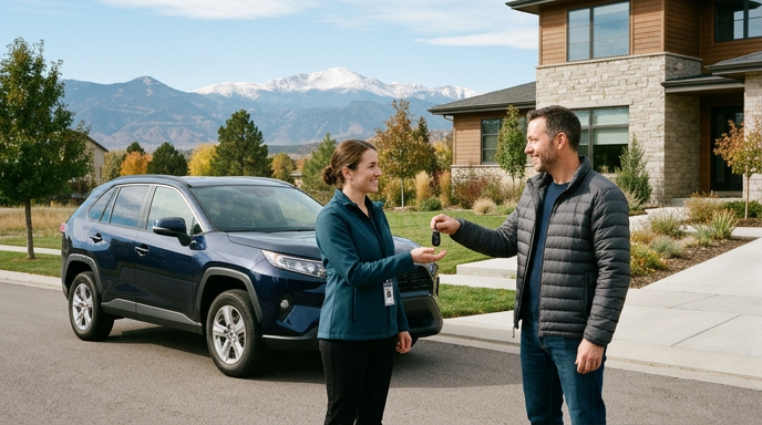 Clairvo representative collecting a car from a homeowner's driveway in Denver