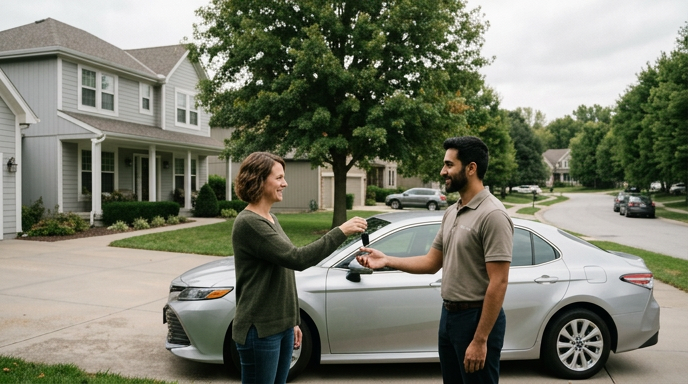 Clairvo representative collecting a car from a homeowner's driveway in Kansas City