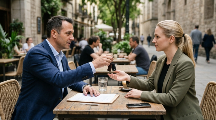Two people completing a private car sale at an outdoor table, one handing over car keys