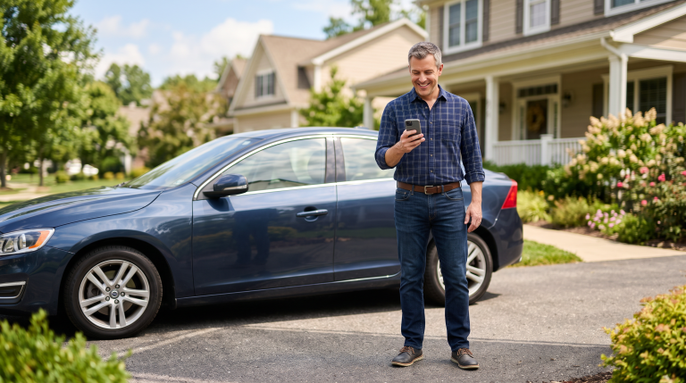 Man in his driveway checking his phone beside a clean sedan