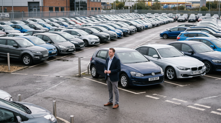 Used car dealer looking over rows of inventory on a dealership lot