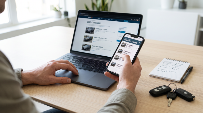 Person comparing used car values across a laptop and phone at a bright desk