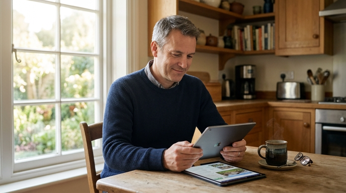 Man at a kitchen table reviewing a private car listing on a tablet