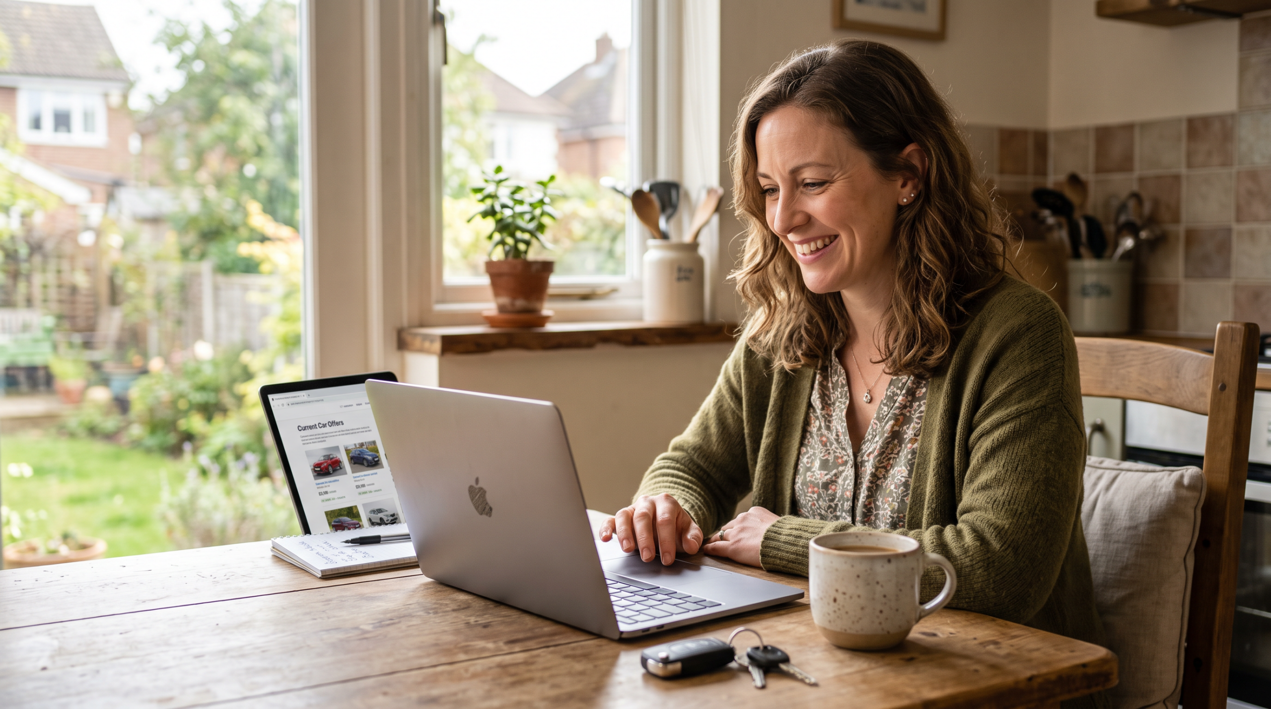 Woman smiling as she reviews car selling offers on a laptop at a kitchen table