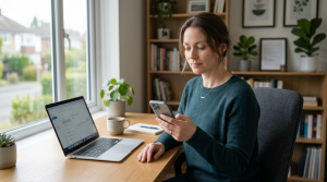 Woman at a home desk reviewing car selling offers on her phone with a calm, in-control expression