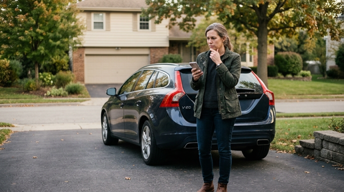 Woman beside her car in a driveway weighing whether to trade in or sell privately