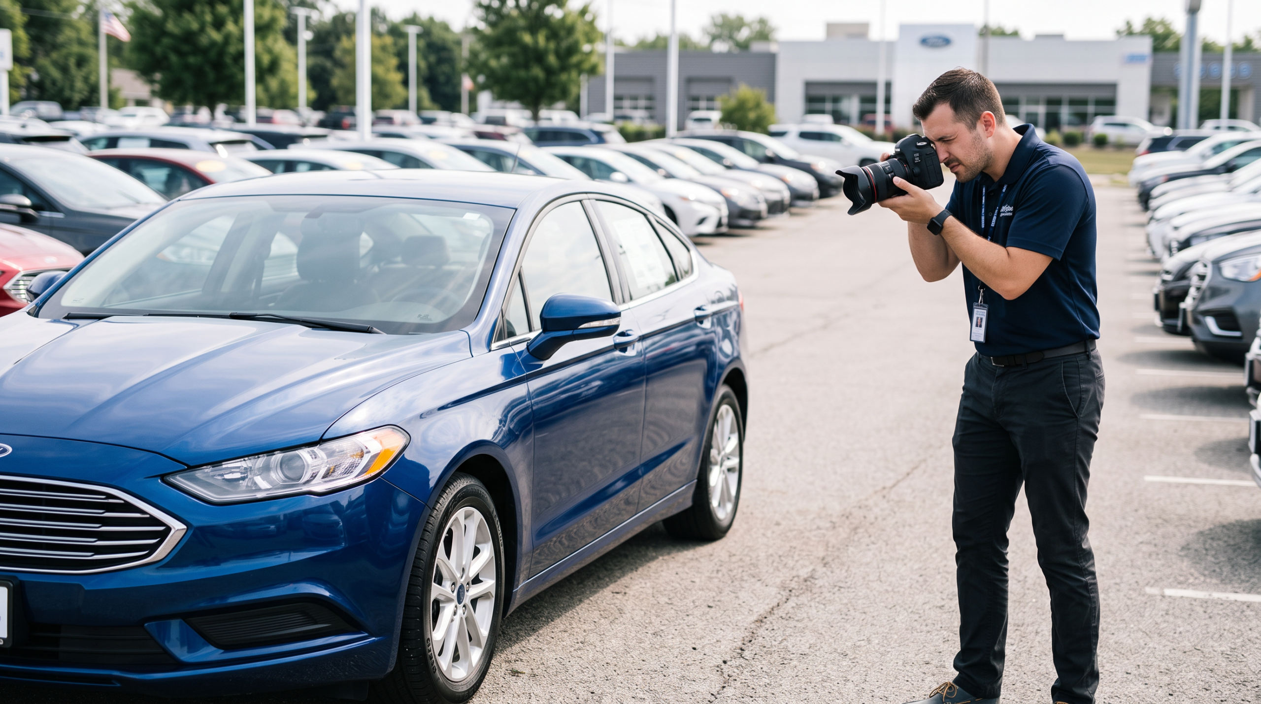 Dealership staff member photographing a used car on the lot for its online listing