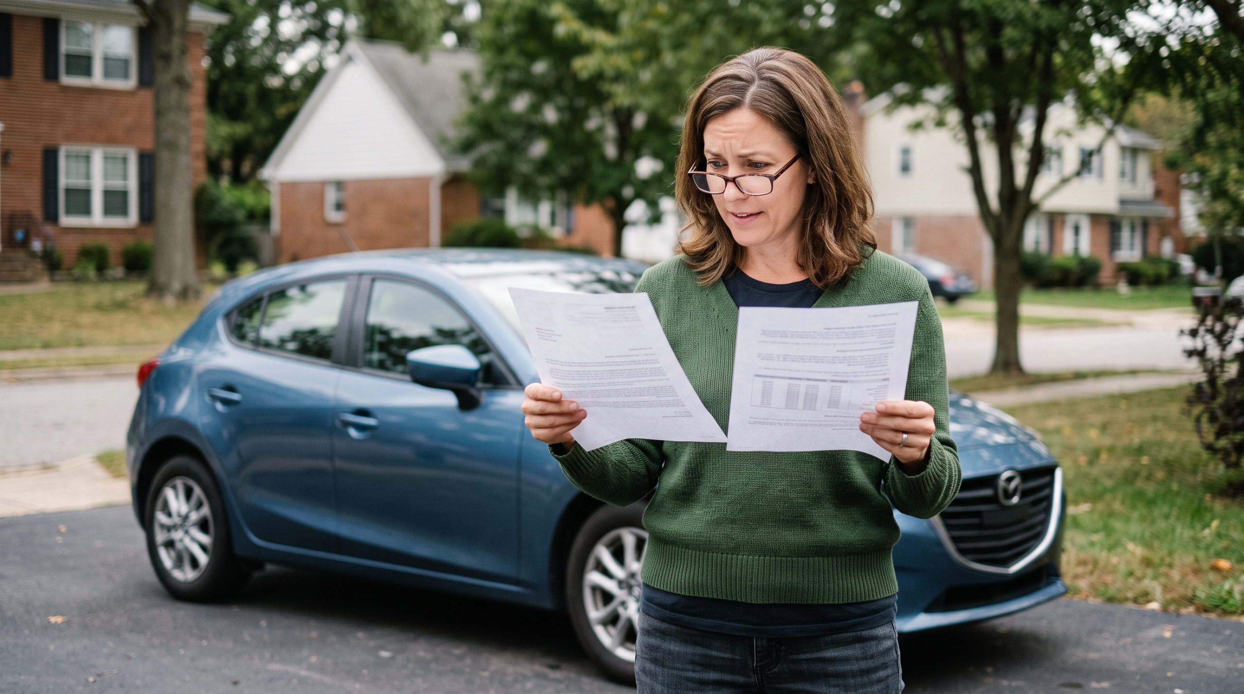 Woman in her driveway comparing two different trade-in offers on paper beside her car