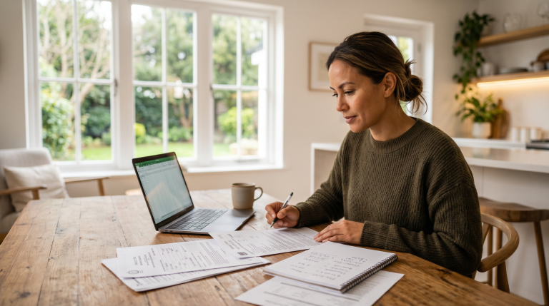 A car seller comparing an offer letter against other data on her laptop before deciding