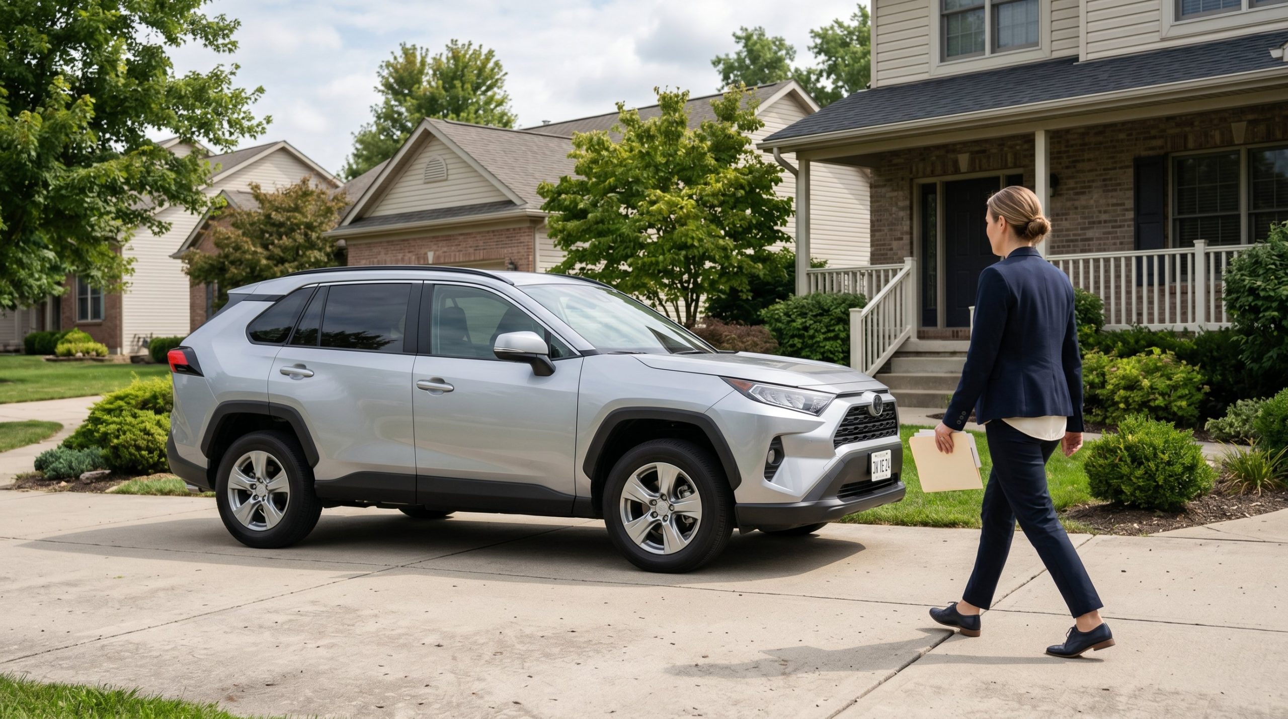 A clean late-model crossover in a residential driveway with a person walking toward it carrying paperwork