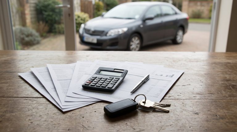 A loan statement and calculator on a table with a car visible in a driveway through a doorway