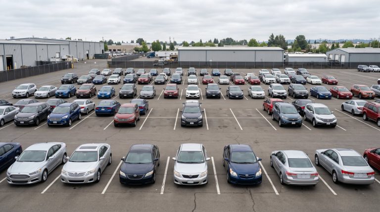 A wholesale auto auction lot with visibly sparse inventory and several empty parking spaces representing the off-lease vehicle shortage